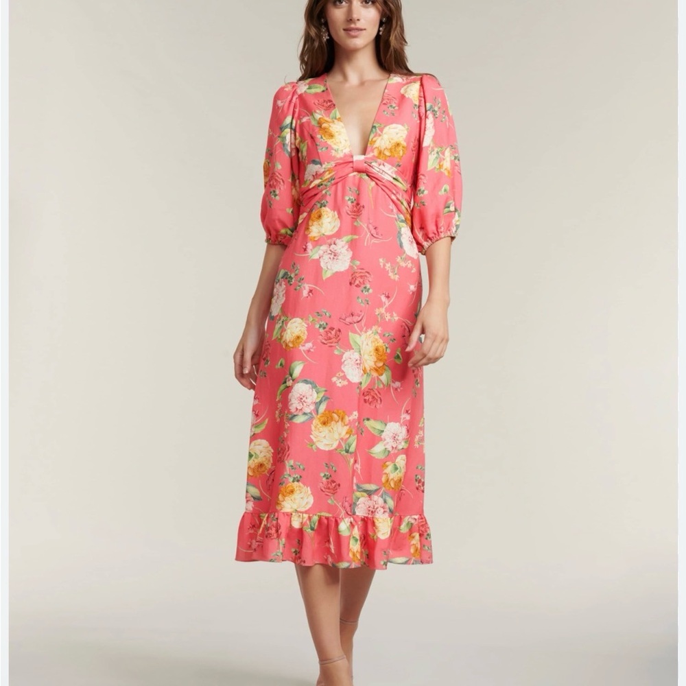 Ever New Cartier Linen Midi Dress in Pink Floral Print Size 0 NWT